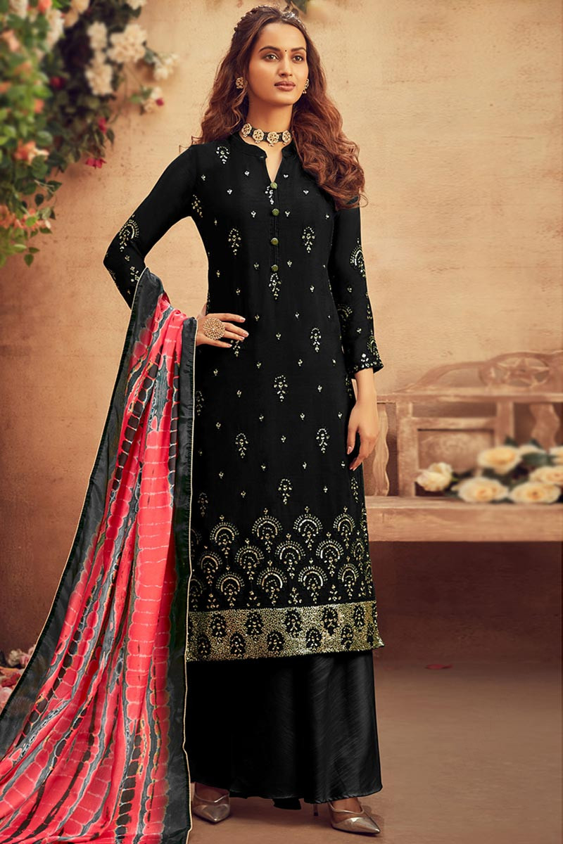 Black Georgette Embroidery Work Sharara suit For Women | zeelpin.com