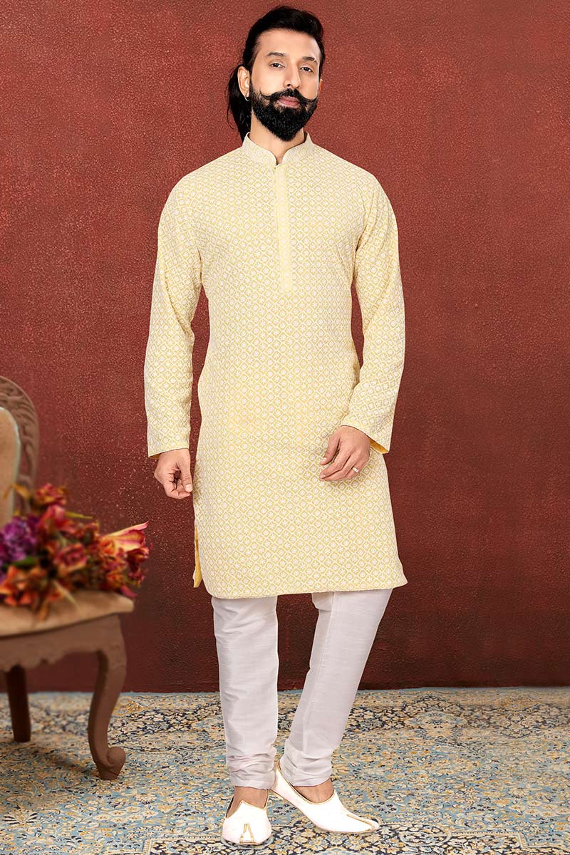 Thread Work Embroidered Georgette Cream Men Kurta Churidar