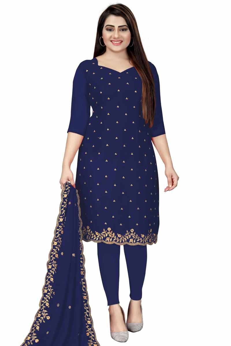 Thread Work Embroidered Georgette Dark Blue Churidar Suit