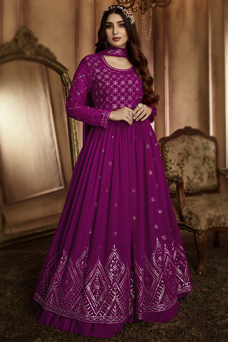 Thread Work Embroidered Georgette Magenta Pink Anarkali Suit