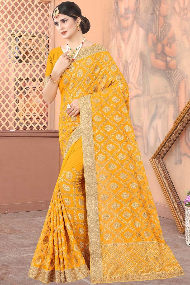 Shop Yellow Closed Neck Saree Festive Wear Online at Best Price | Cbazaar