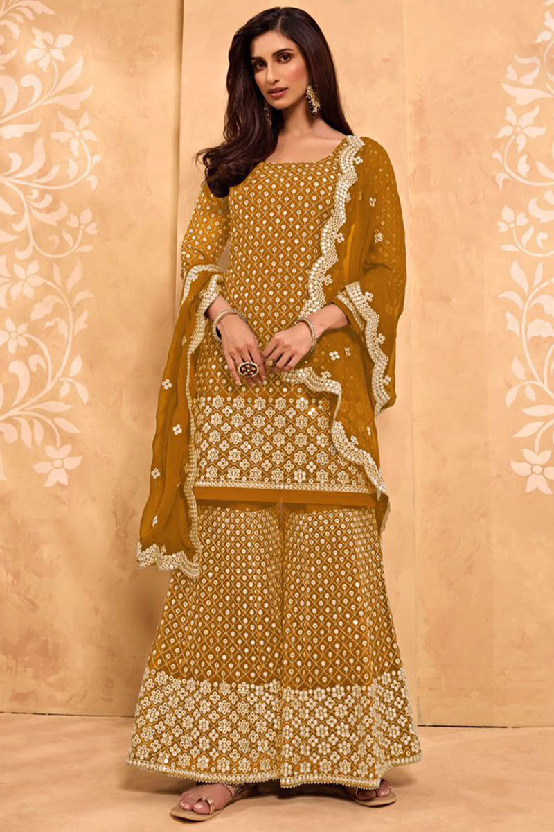 Lt Nitya Heavy Georgette With Embroidery Work And Sequence Work Sharara Suit  Mustard Yellow Color DN 4902