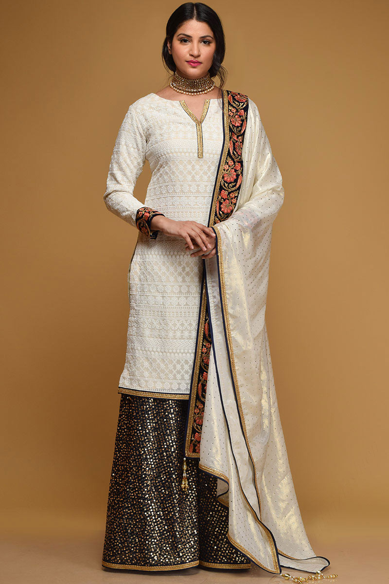 Off White and Gold Sharara Suit | Lashkaraa | Heavy dresses, Sharara suit,  Bridal wear