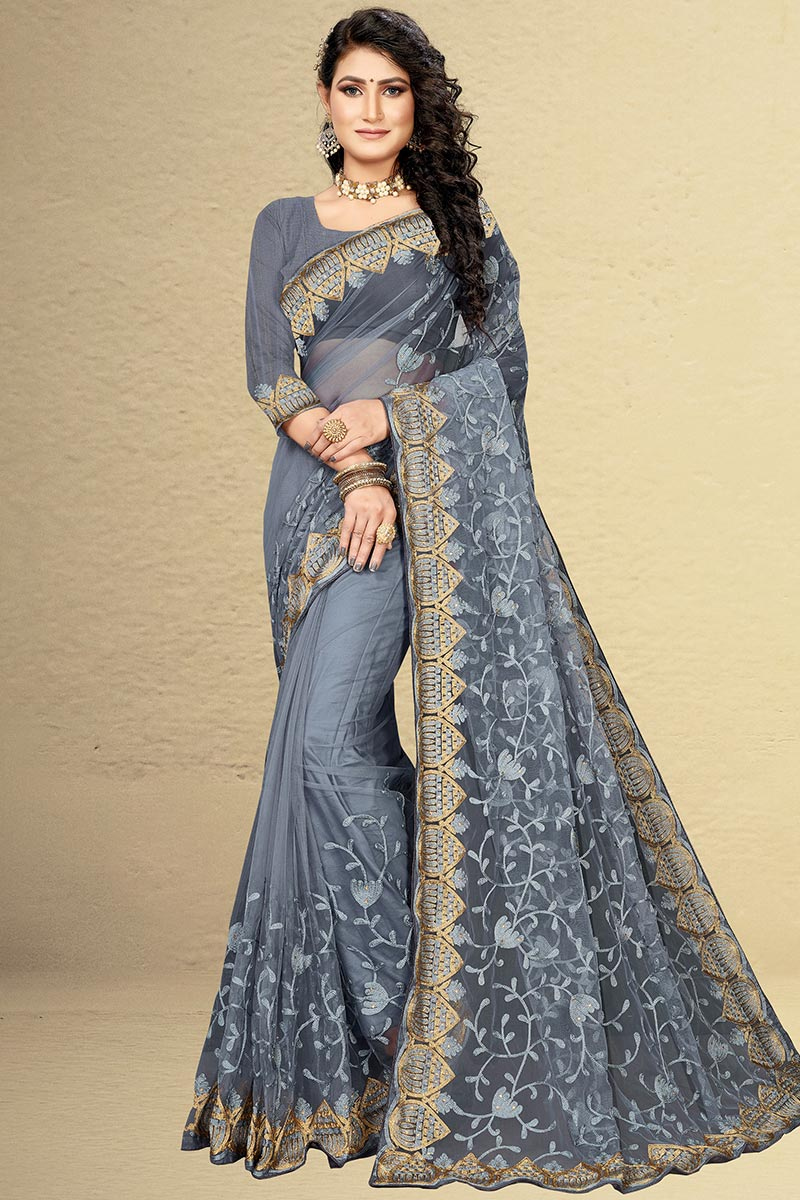 Thread Embroidered Net Bluish Grey Saree