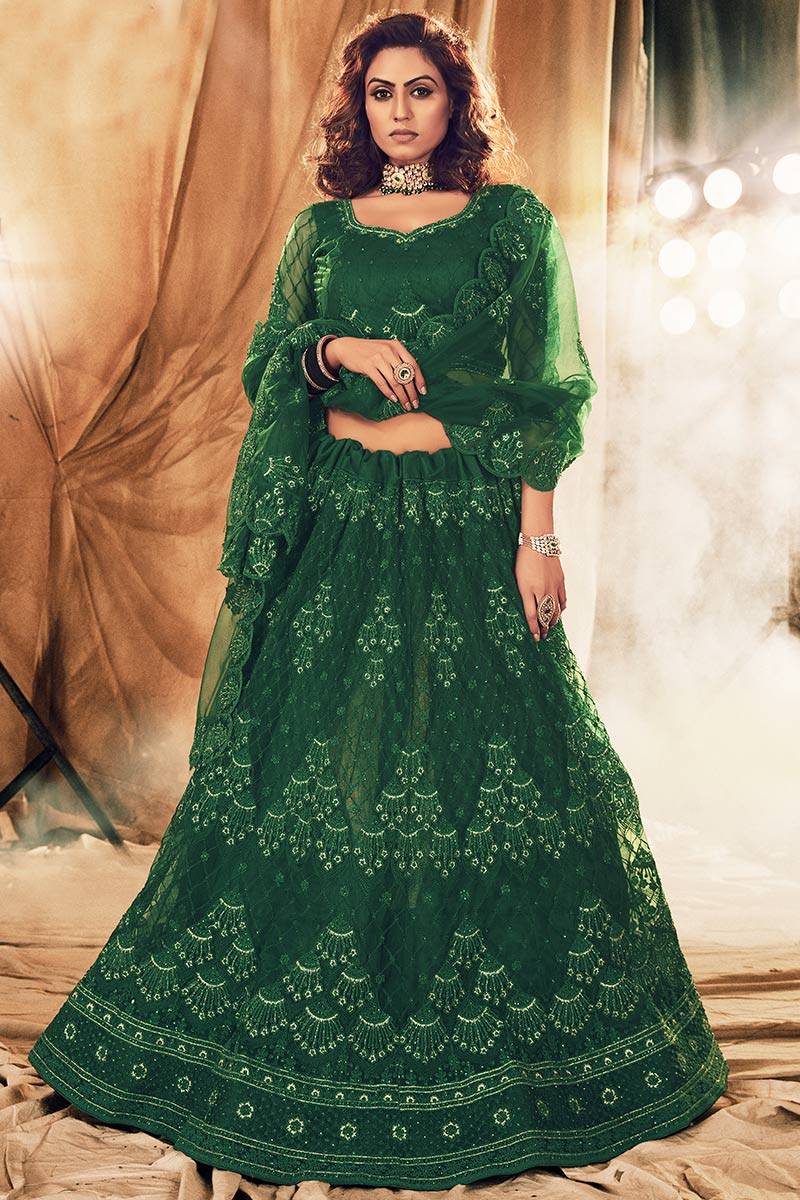 Bottle Green Festive Wear Net Lehenga