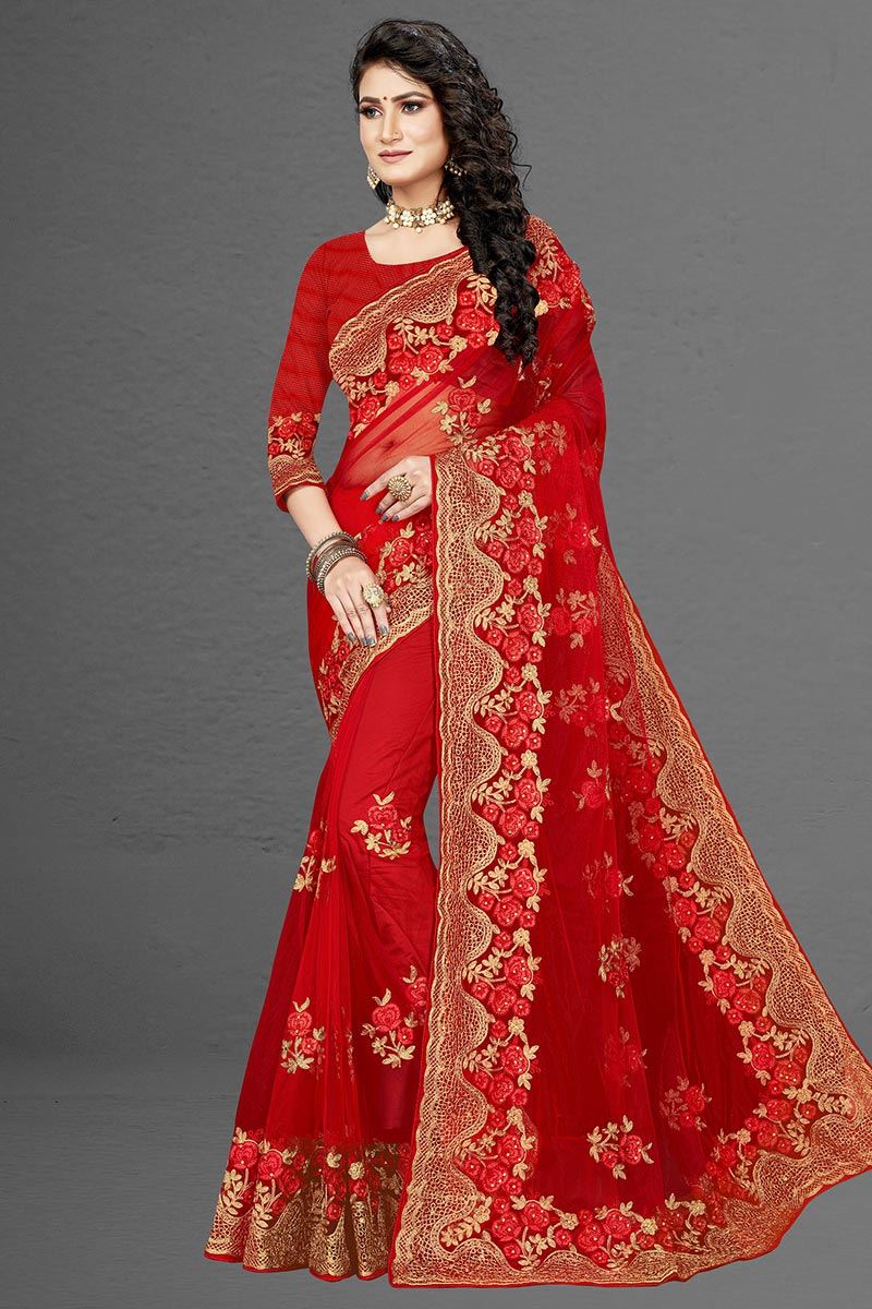 Thread Embroidered Net Cherry Red Saree