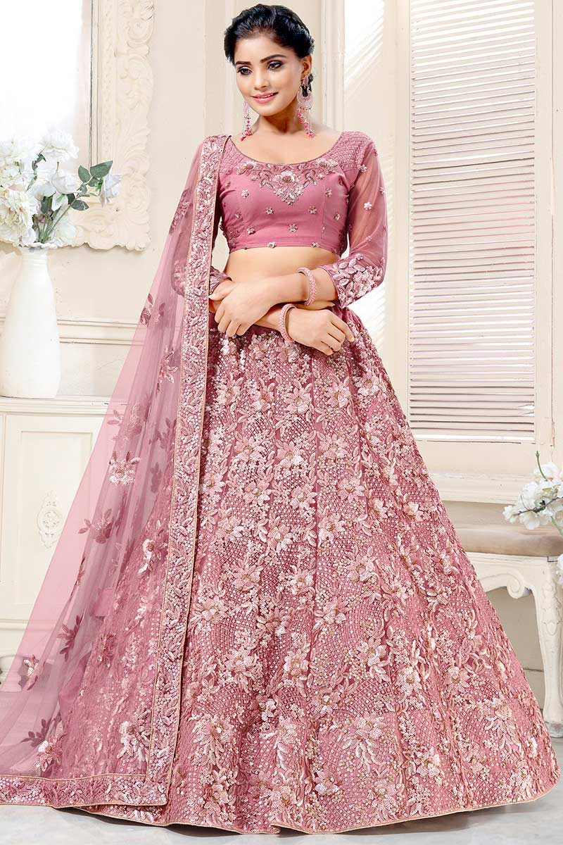 Thread Work Embroidered Net Mauve Pink Lehenga