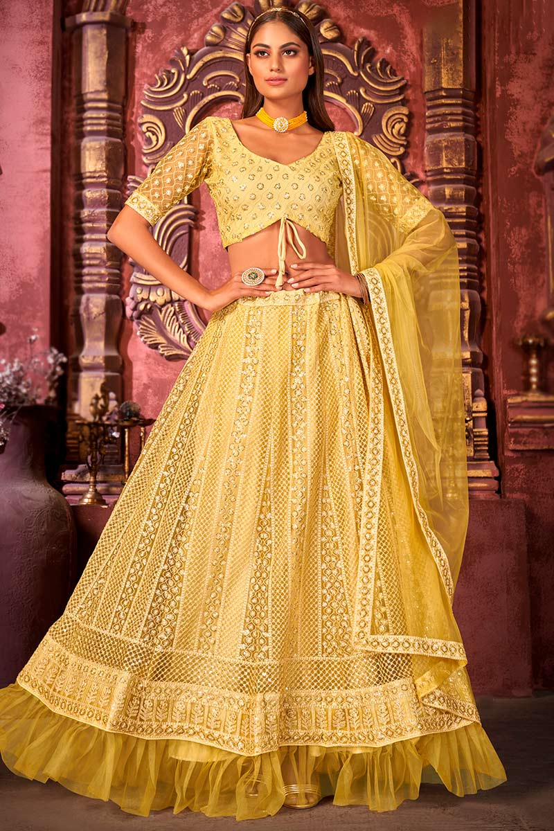 Thread Work Embroidered Net Mustard Yellow Lehenga