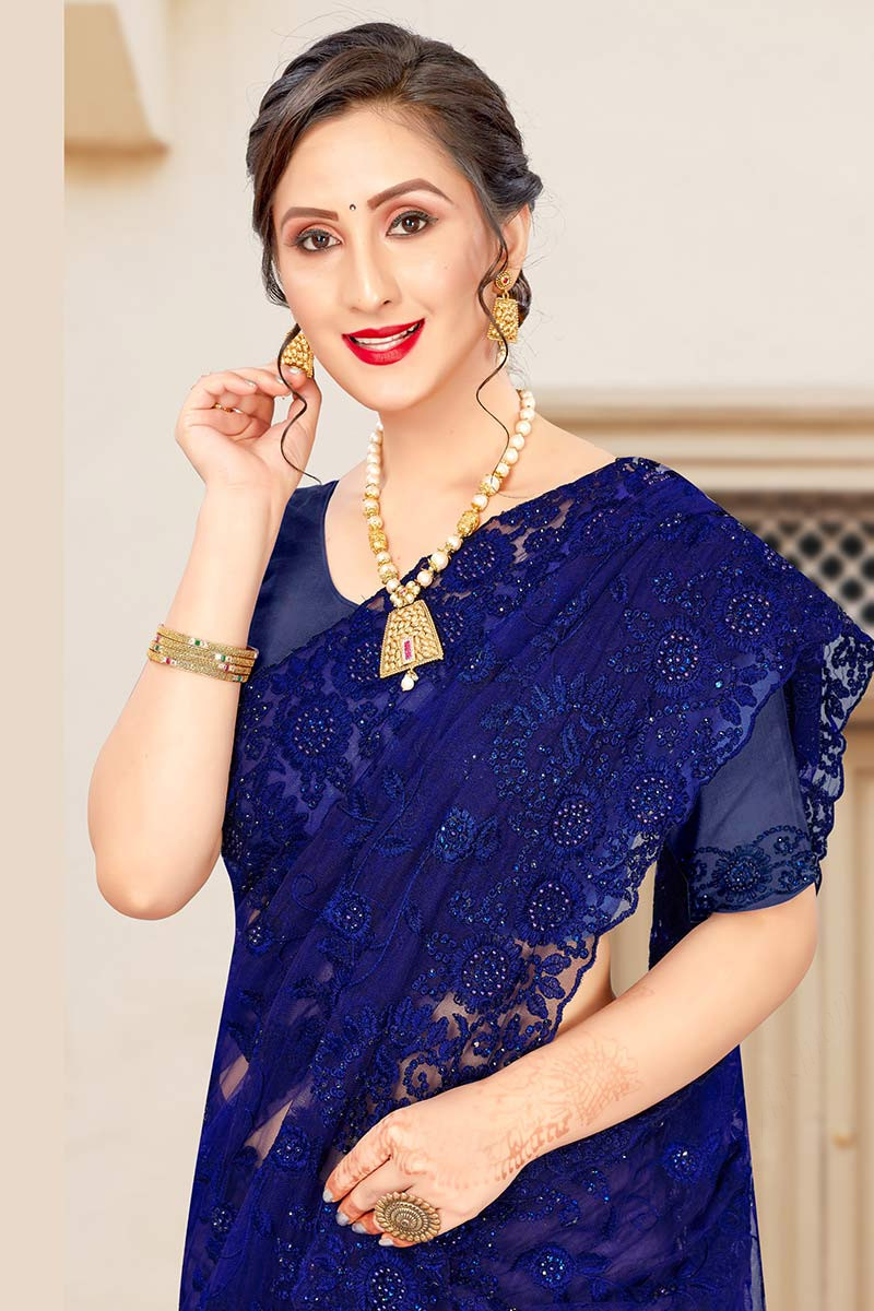 On Trend Thread Work Embroidered Net Navy Blue Saree SARV113848