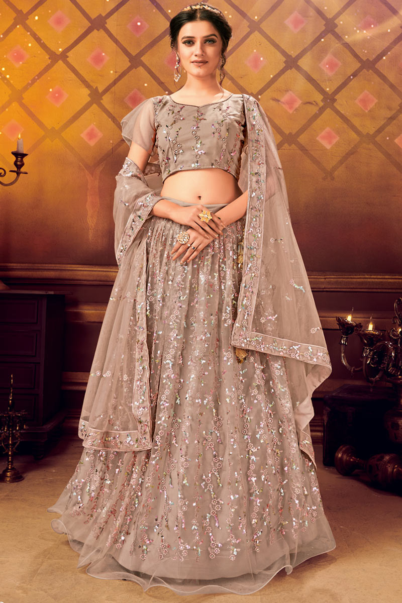 Thread Work Embroidered Net Oat Beige Lehenga Choli