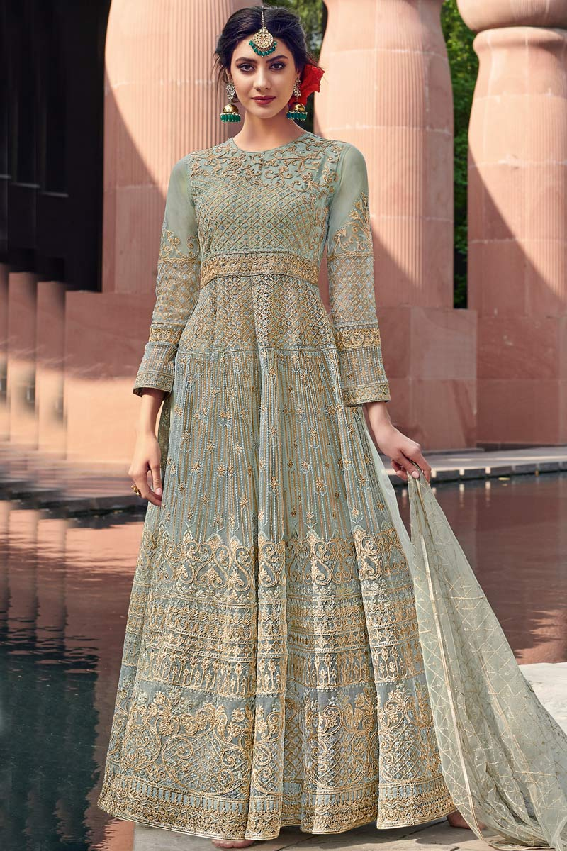 Thread Work Embroidered Net Sage Green Anarkali Suit