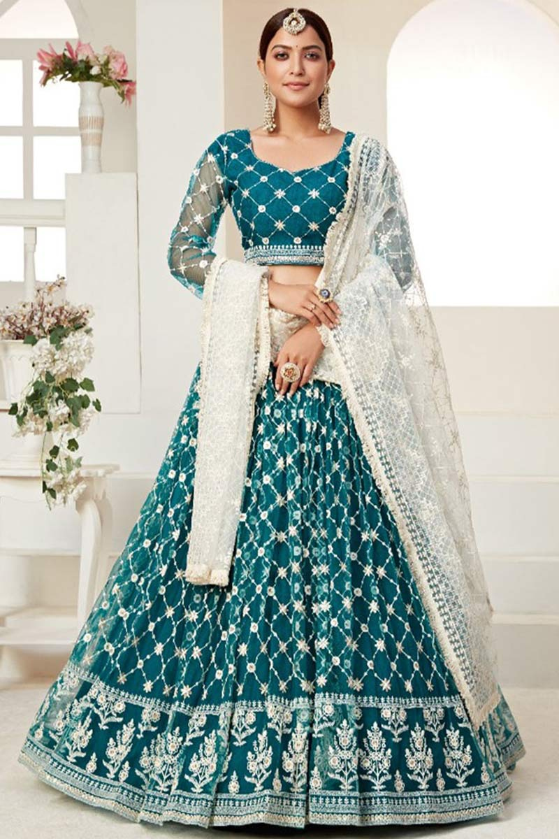 Thread Work Embroidered Net Teal Blue Indian Wedding Wear Lehenga