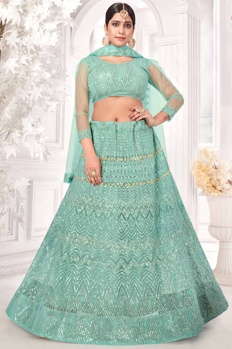Shop Online Thread Work Embroidered Pale Turquoise Blue Lehenga