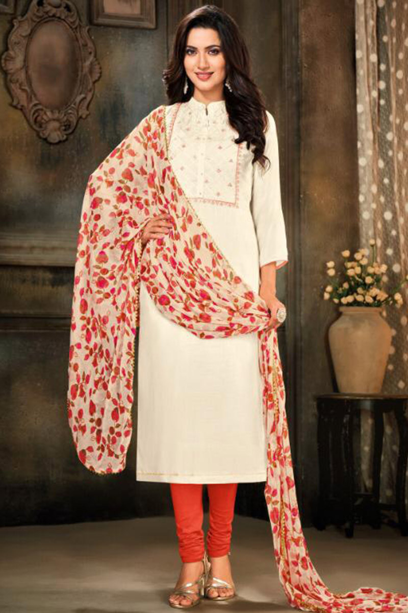 Thread Work Embroidered Off White Churidar Suit
