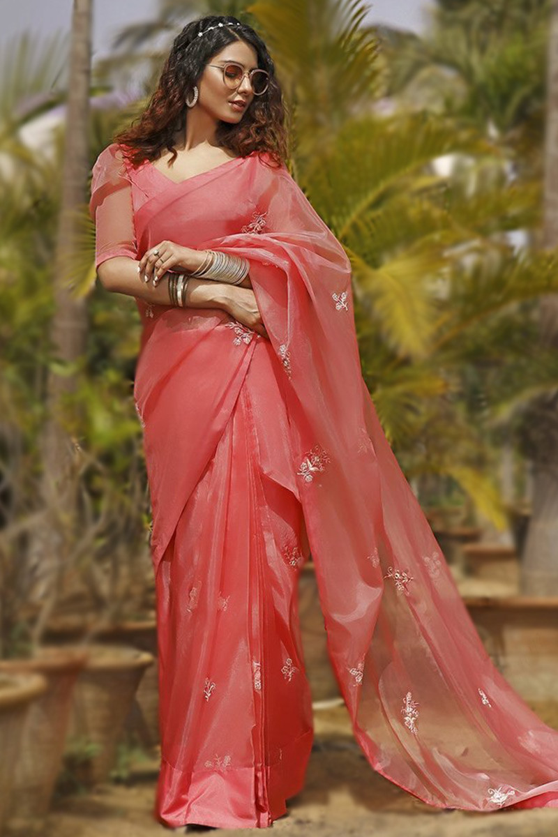 Coral Pink Floral Embroidered Casual Wear Cotton Saree SARV161311