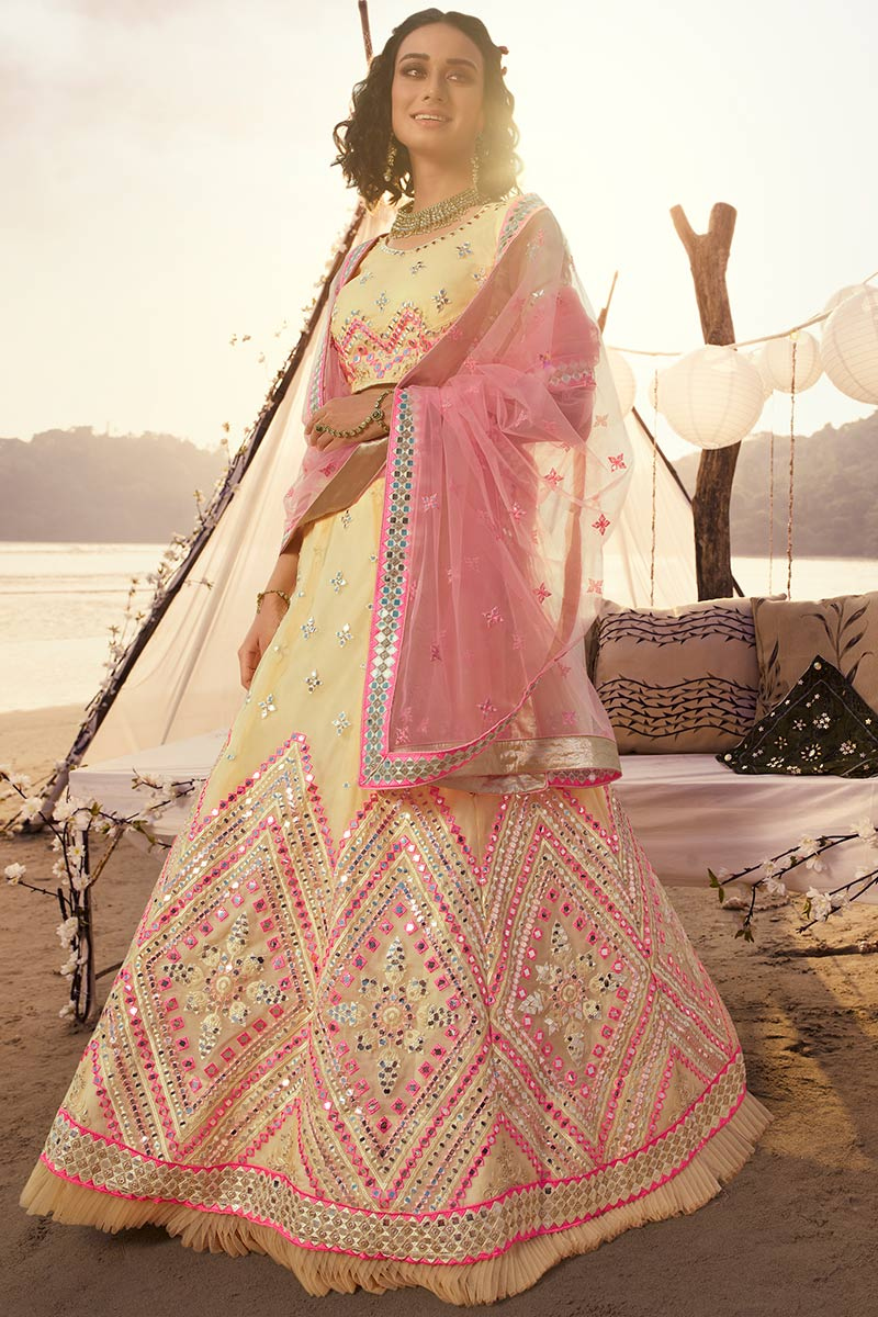 Thread Work Embroidered Organza Pale Yellow Lehenga