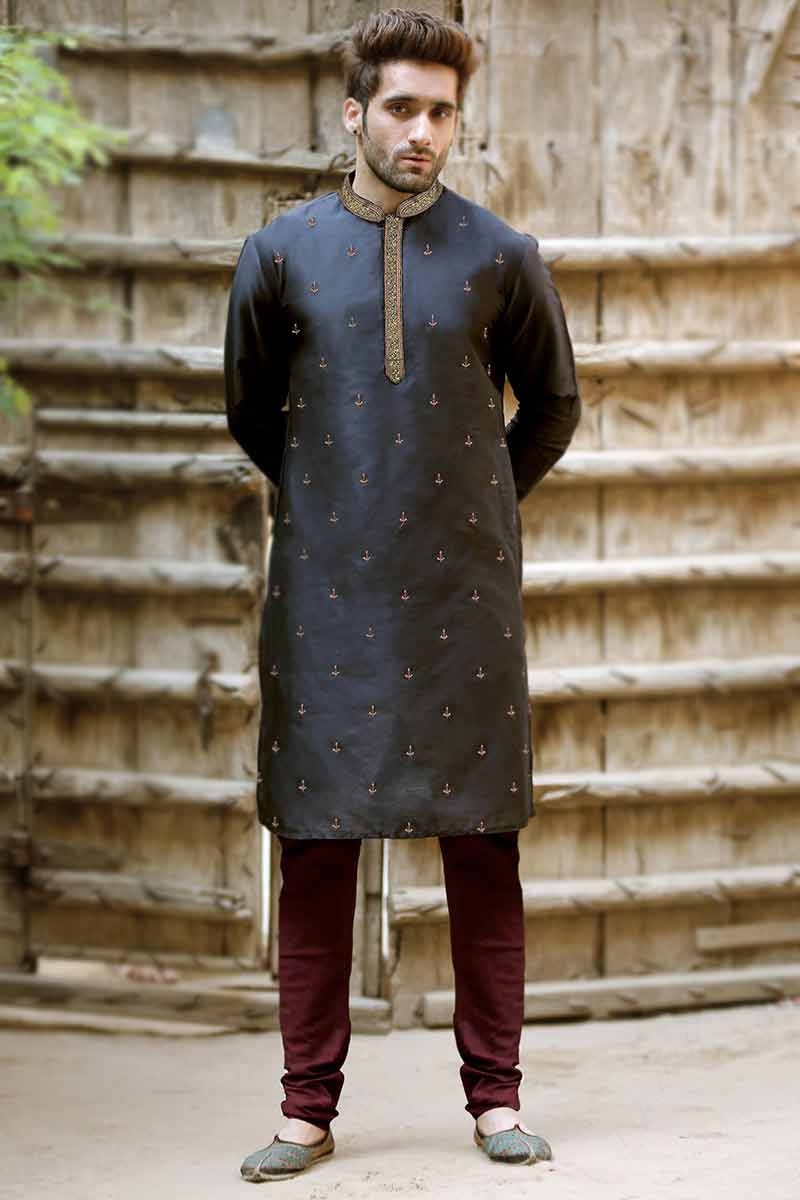Wholesale Thread Work Embroidered Black Men Kurta Pajama MKPA0898