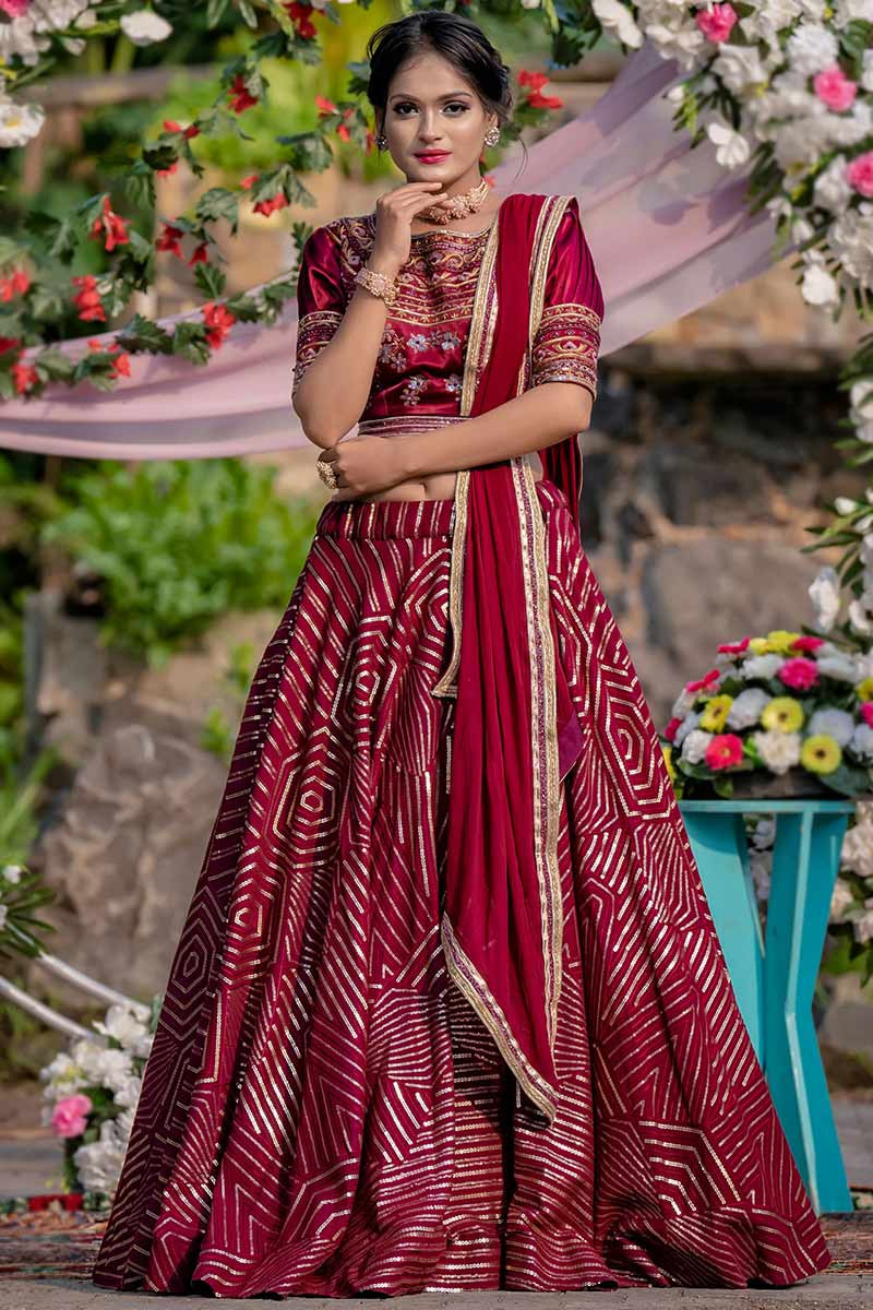 Buy Womens Wedding/party Wear Stylish Embroidered Satin Silk Semi-stitched Red  Lehenga Choli With Blouse Piece Online In India At Discounted Prices