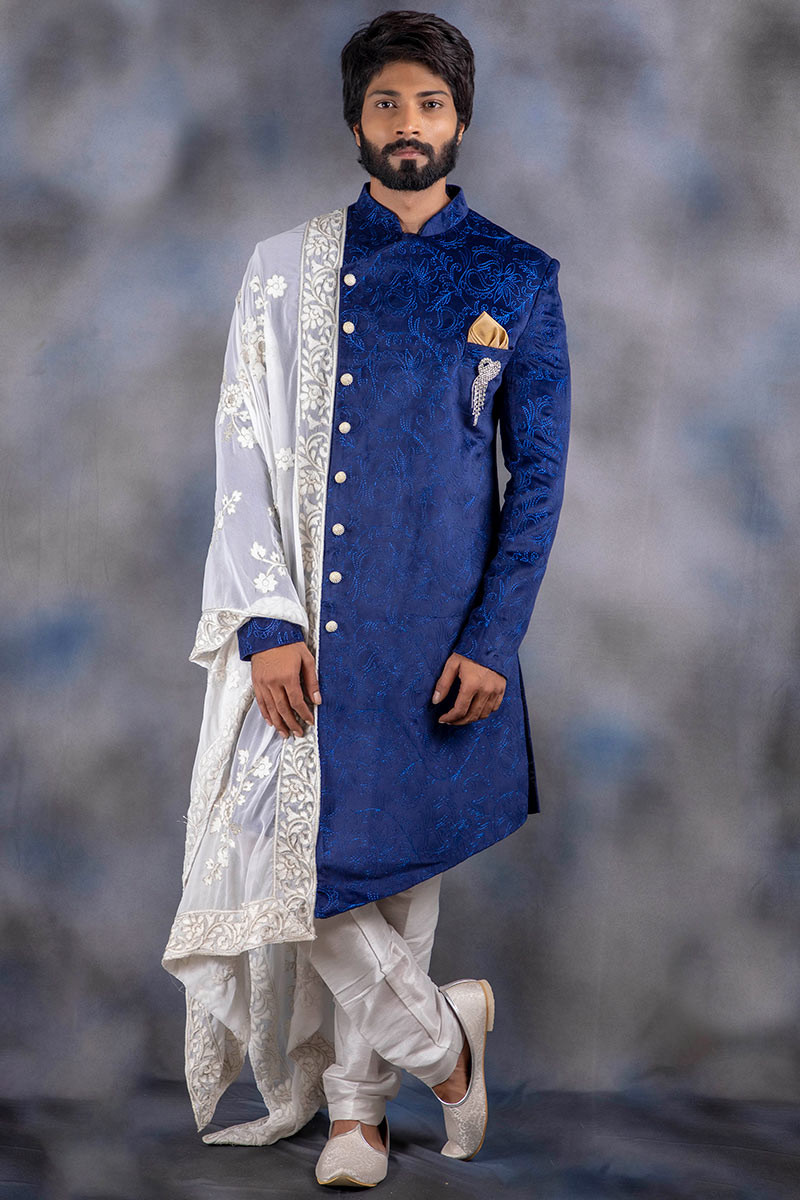 Royal blue indo western sherwani hot sale