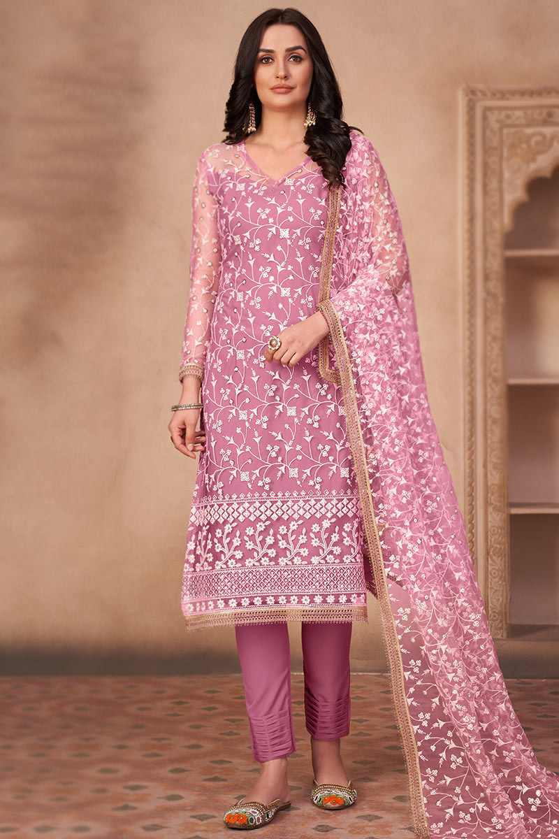 thulian pink net embroidered trouser suit lstv116411 1