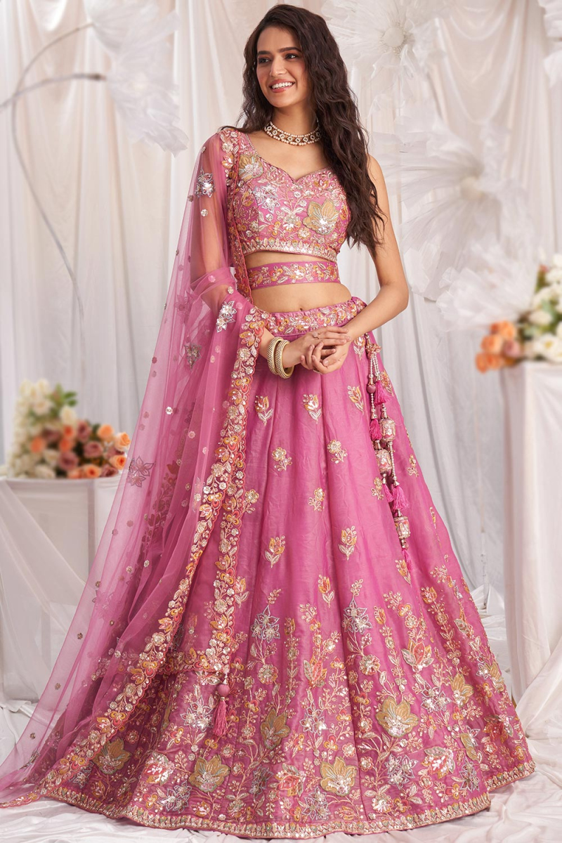Thulian Pink Organza Embroidered Panelled Style Lehenga