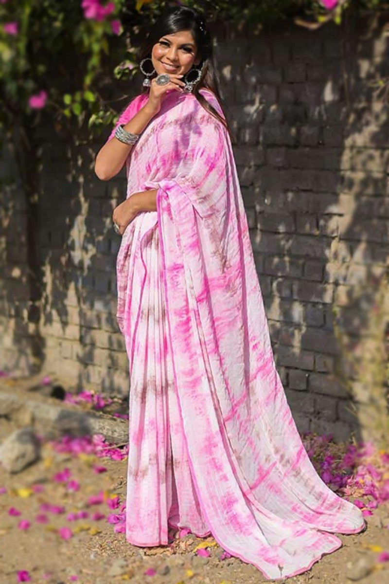 Dark Peach Pink Tissue Linen Tie Dye Shibori Saree - Loomfolks