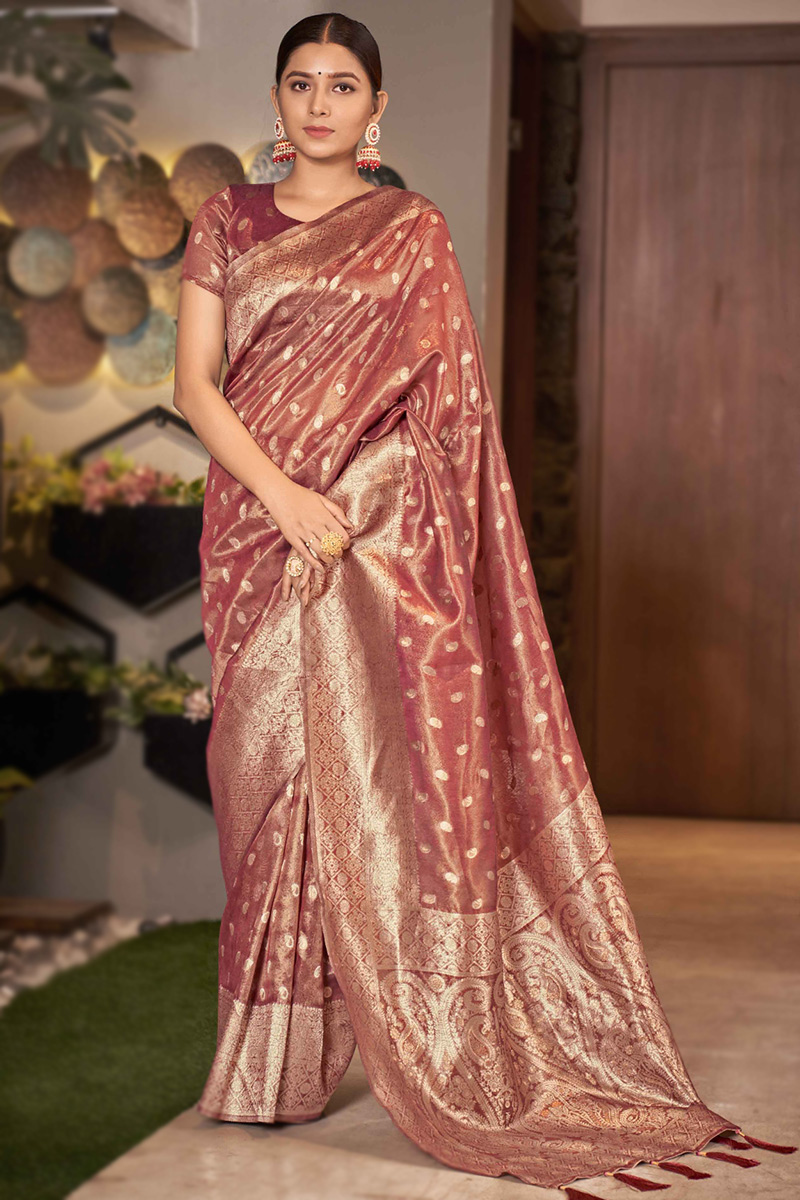 Tissue Brick Red Woven Zari Broad Border Saree