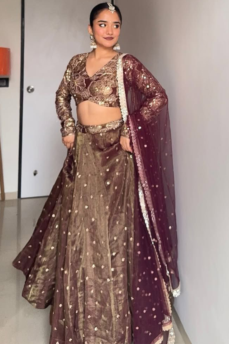 Tissue Chikko Brown Lehenga with Zari Work for Weddings