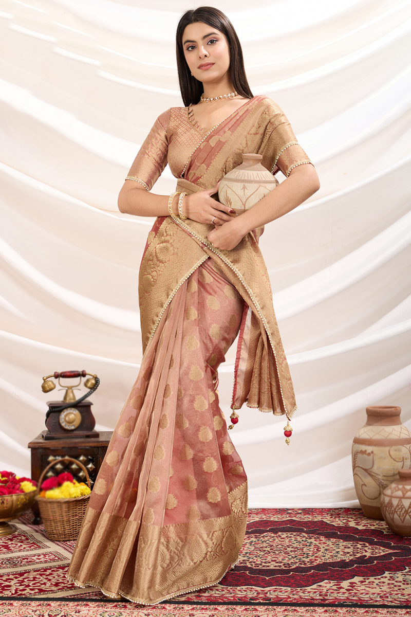 Tissue Mauve Pink Saree with Woven Zari Work for Diwali 