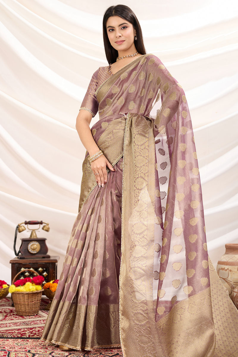 Tissue Mauve Saree with Woven Zari Work for Diwali 