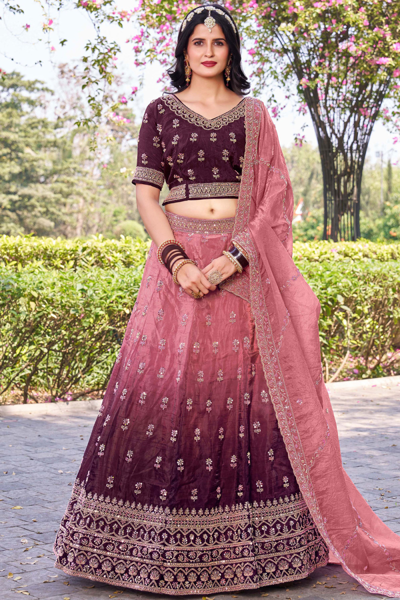 Tissue Wine Maroon Lehenga with Sequins Work for Diwali