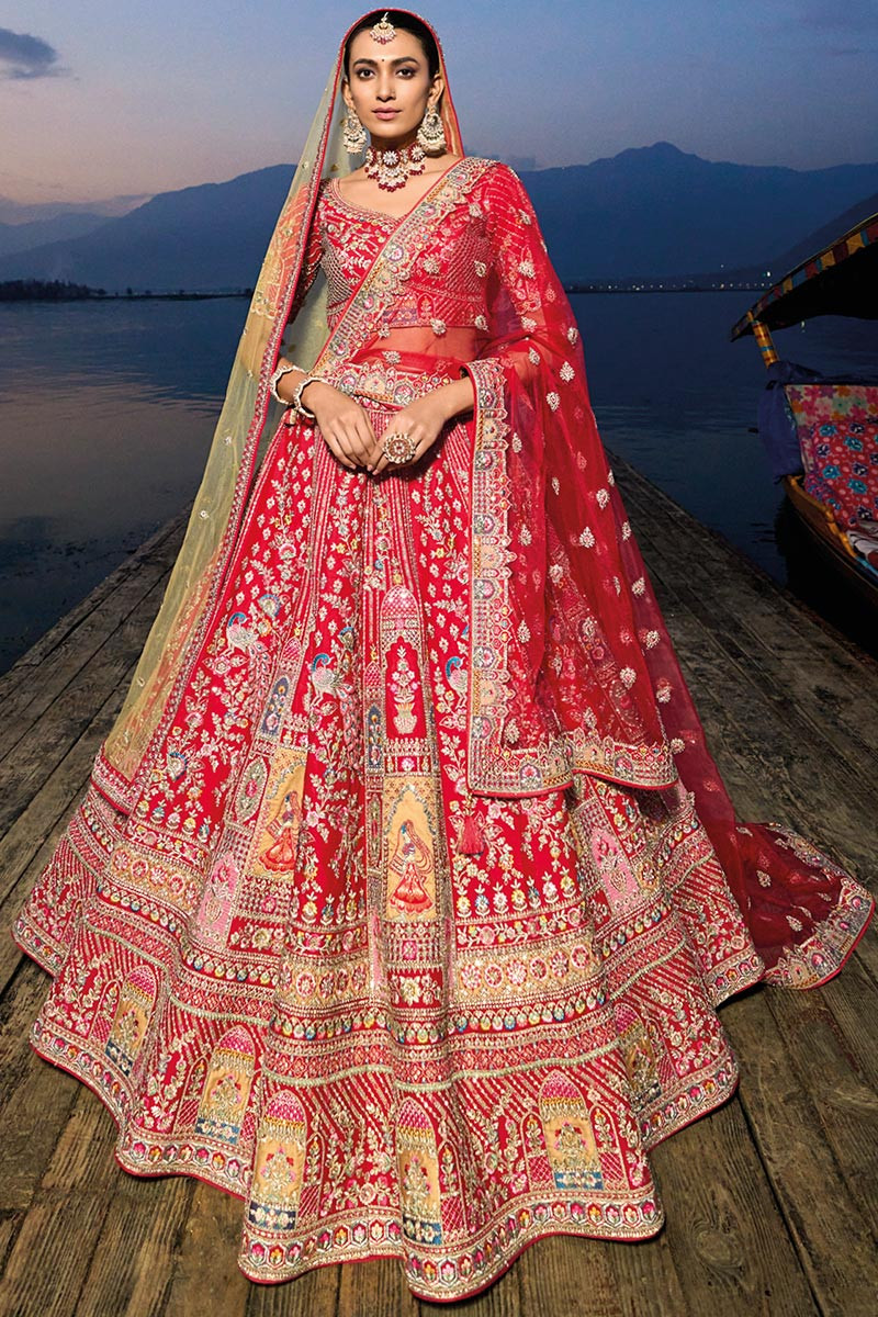 Tomato Red Dabka Embroidered Silk Bridal Wear Lehenga LLCV117875