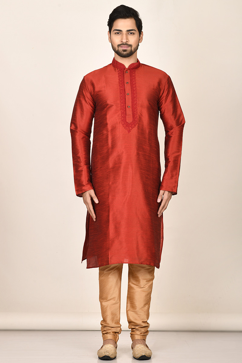 Buy for Eid Dupion Silk Tomato Red Men Kurta with Churidar MKPA0469