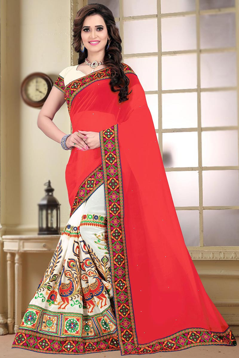 Red Color Digital Printed Soft Cotton Half Saree Set Lehenga