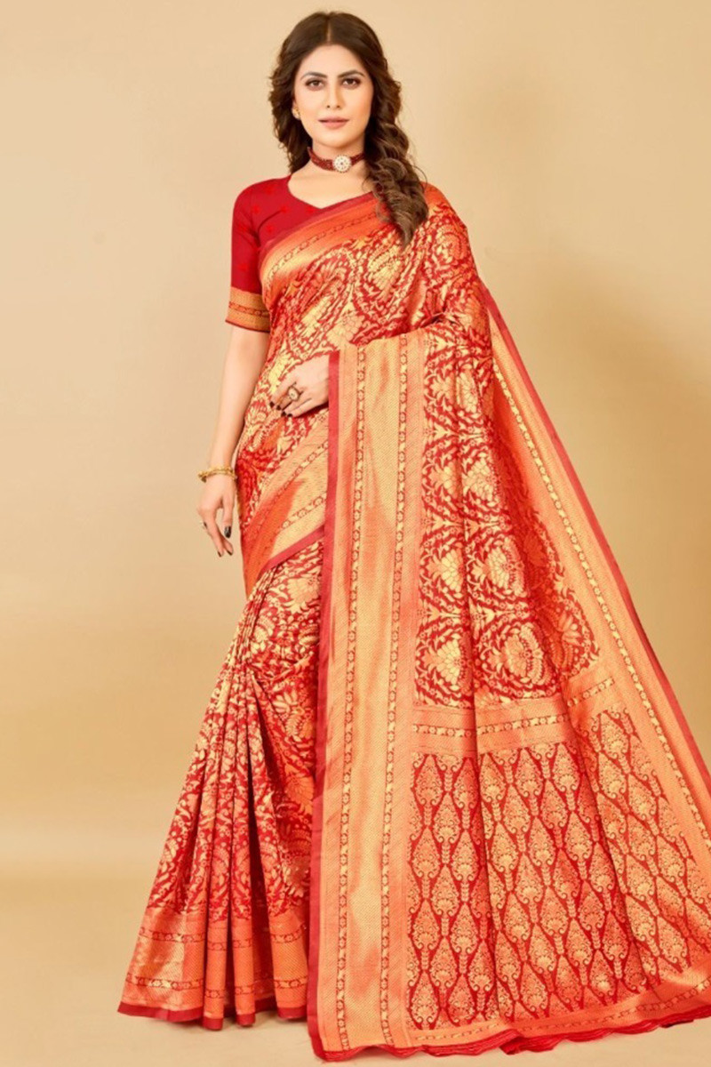 Bride In Red Banarasi Saree With Veil - Shaadiwish