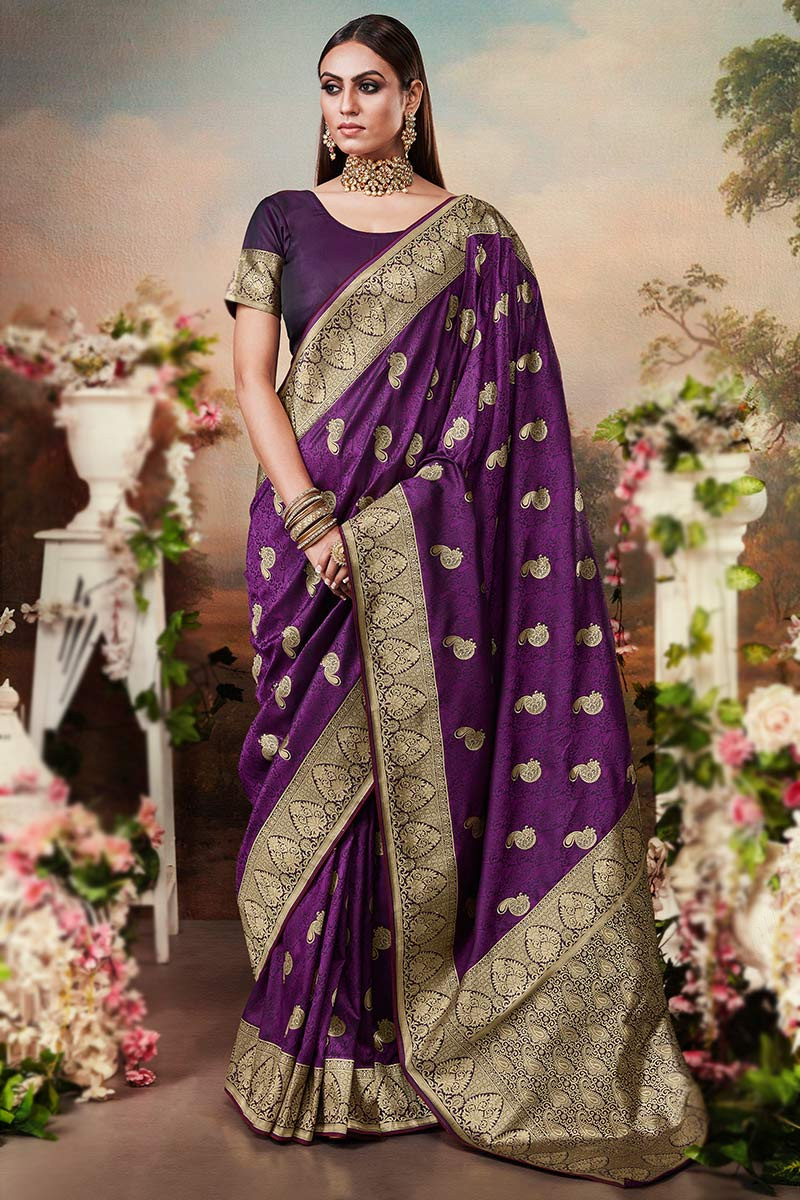 Traditional Banarasi Silk Purple Wedding Wear Saree