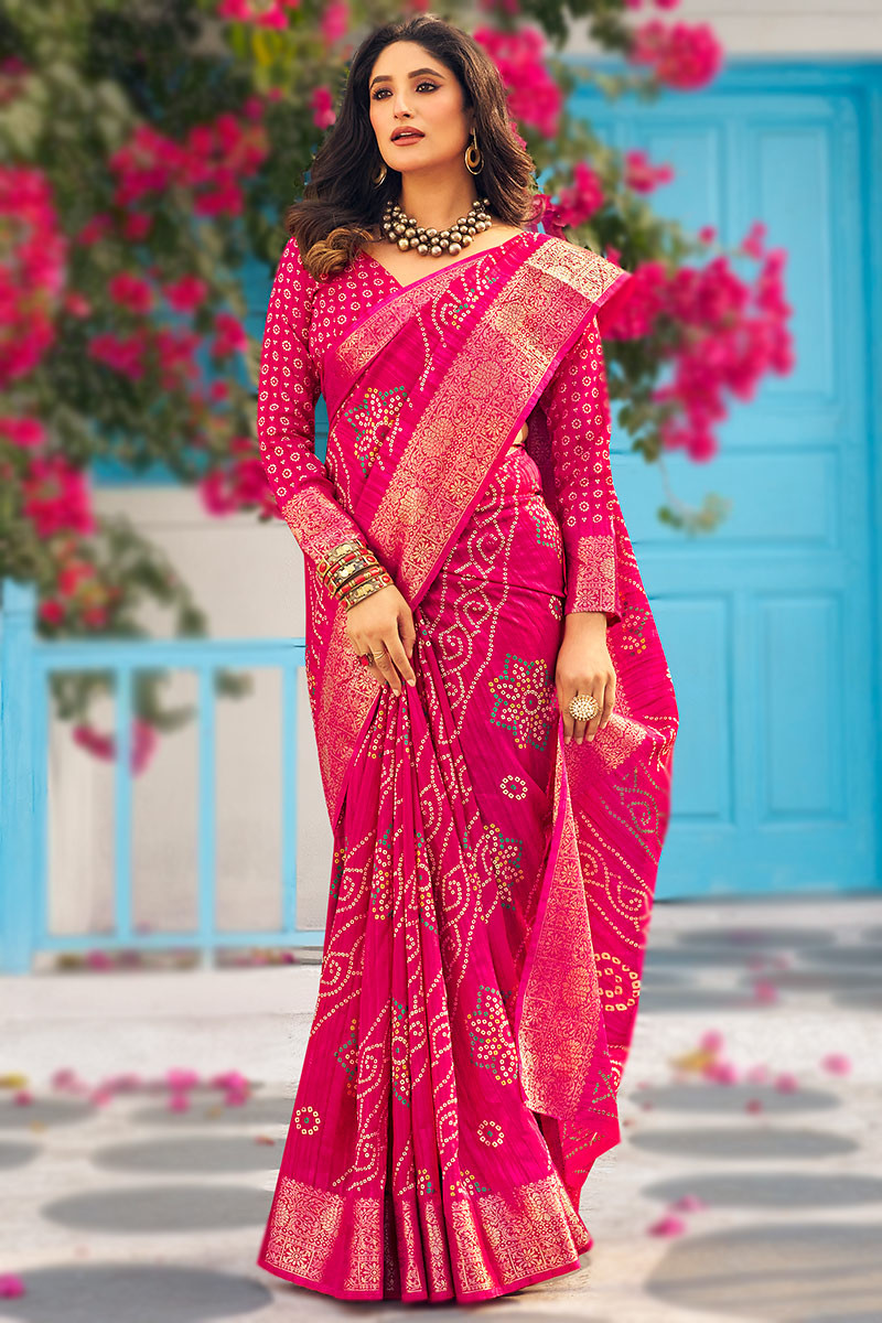 Traditional Bandhej Printed Rani Pink Silk Saree SARV174711