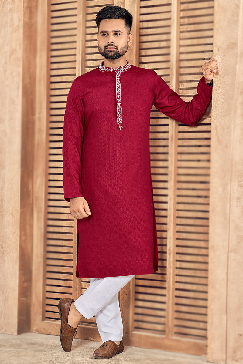 Traditional Burgundy Maroon Viscose Men s Kurta Pajama MKPA05254