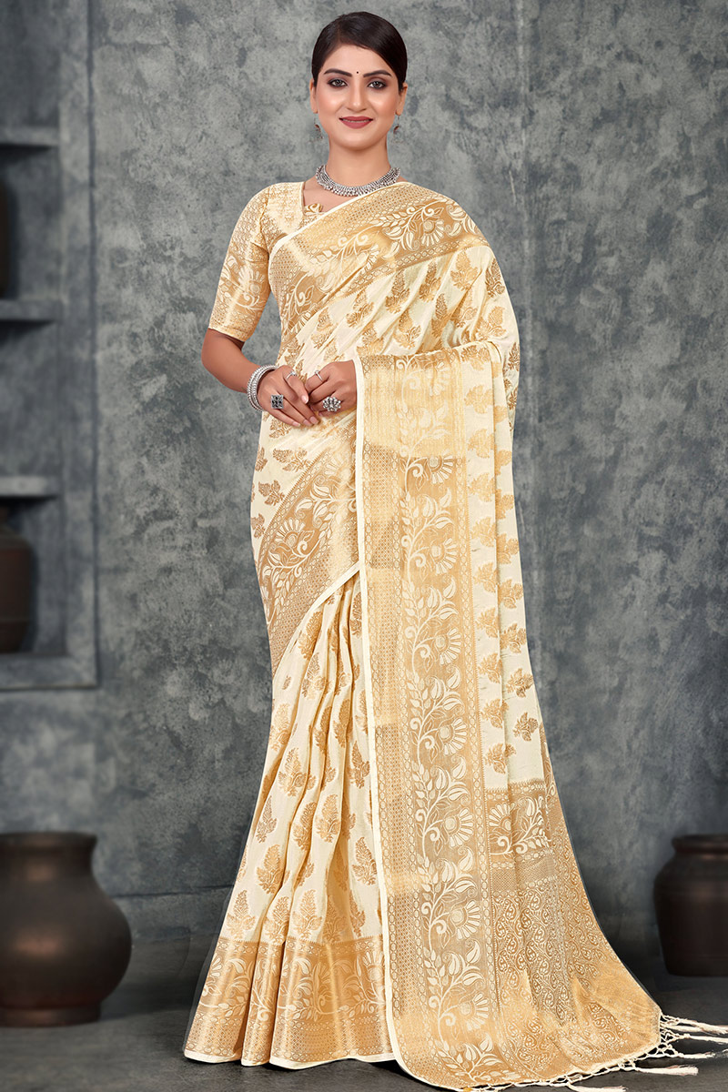 Traditional Cream Broad Border Weaved Zari Viscose Saree 