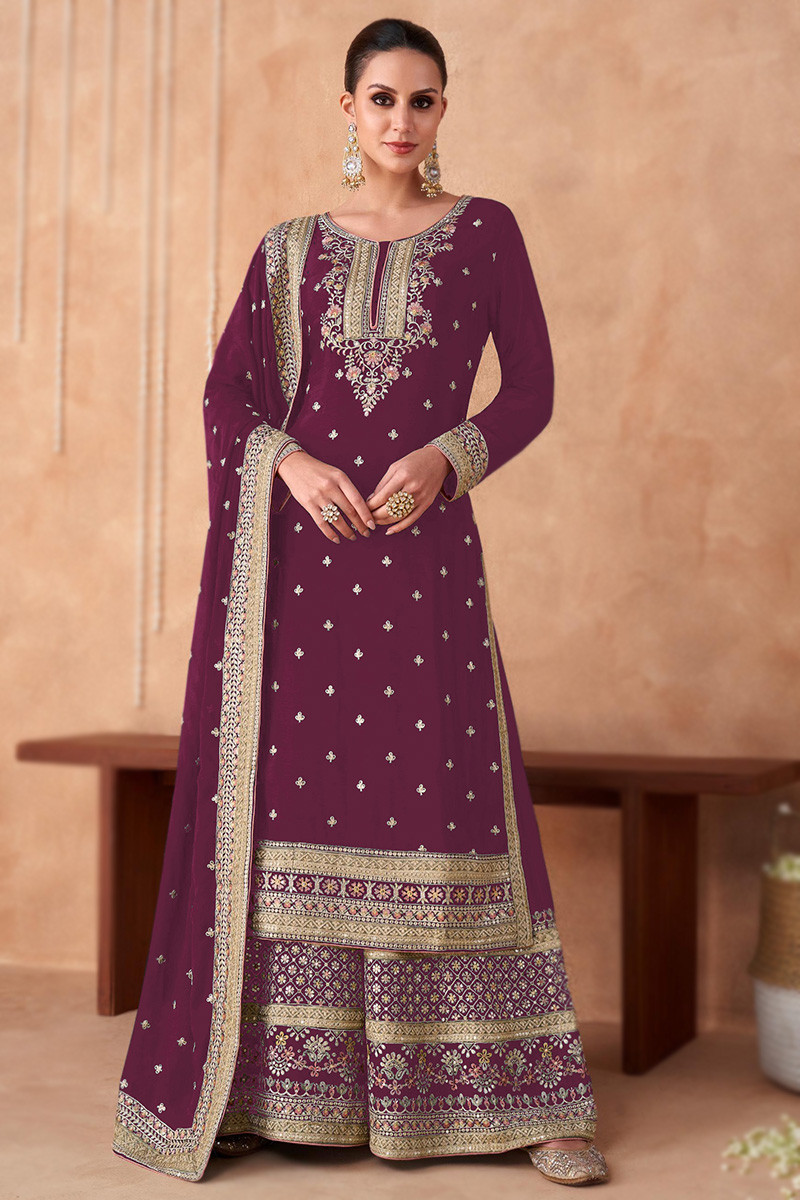 Traditional Embroidered Georgette Wine Maroon Palazzo Suit LSTV123612