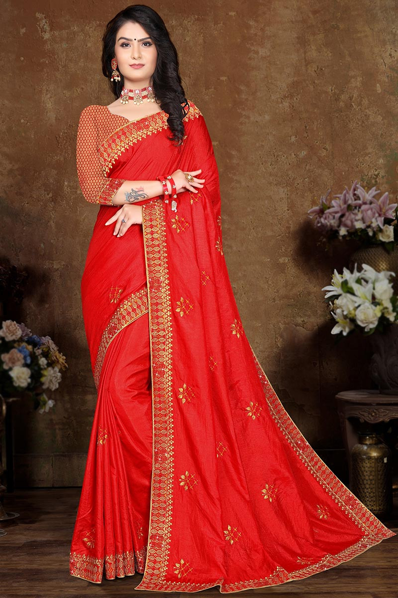 Best Price Zari Embroidered Silk Red Saree