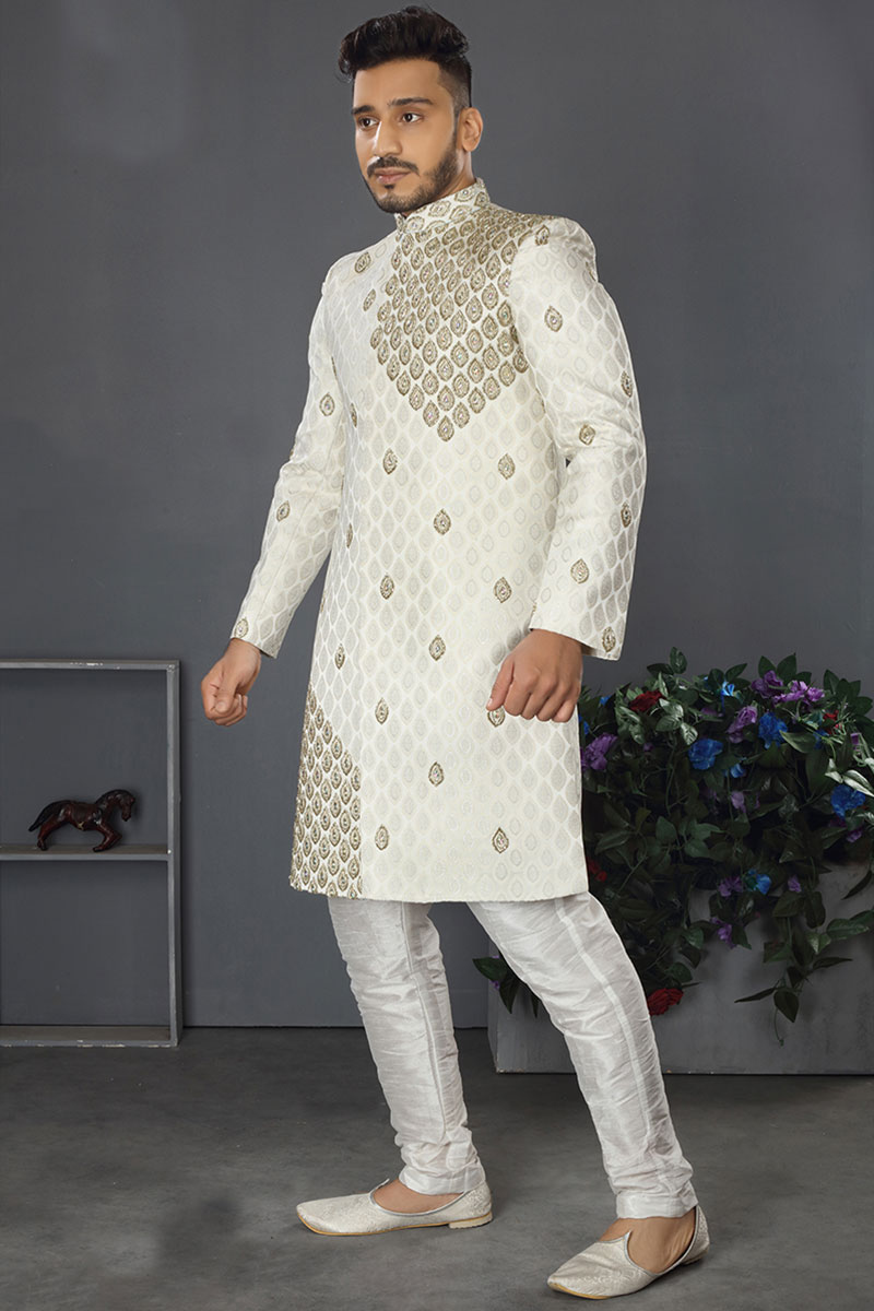Traditional Ivory Silk Woven Zari Men's Sherwani