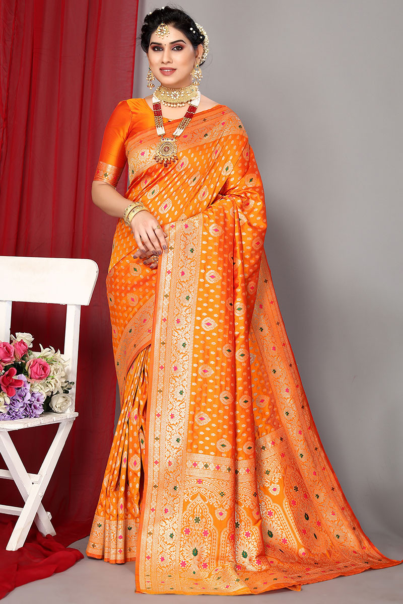 Orange Colour Banarasi Soft Silk Saree with Patola Pallu