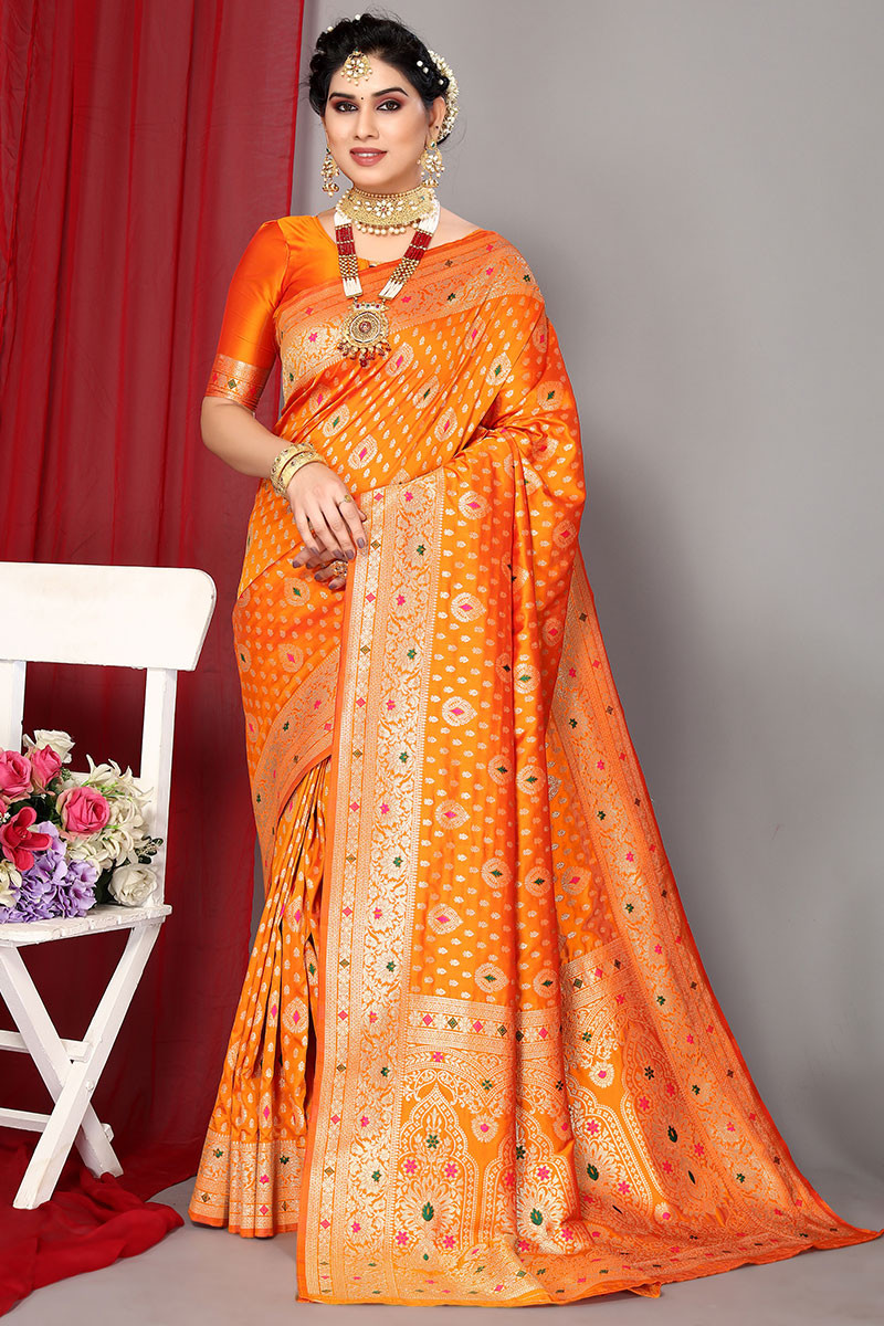 Orange Banarasi Silk Saree With Pink Embroidered Blouse | Traditional silk  saree, Ladies gown, Gown party wear