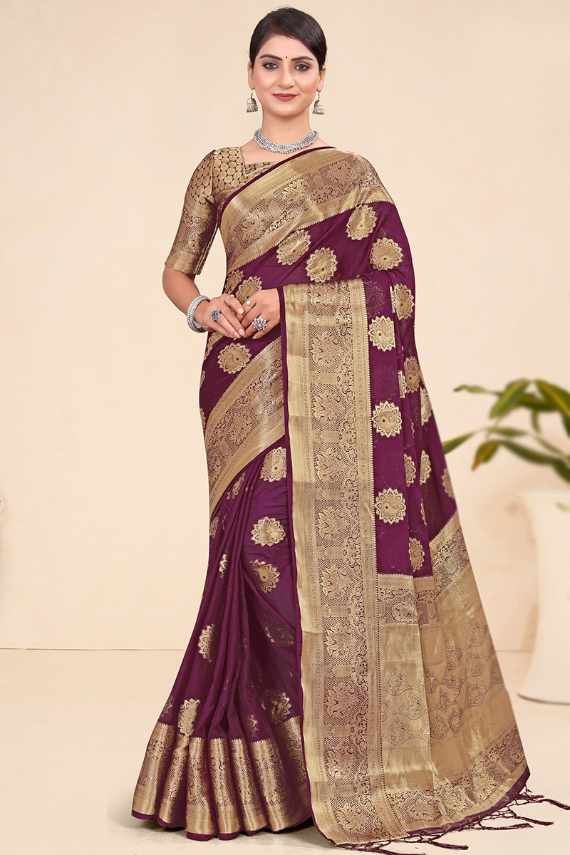 Traditional Plum Purple Weaved Zari Broad Border Viscose Saree 