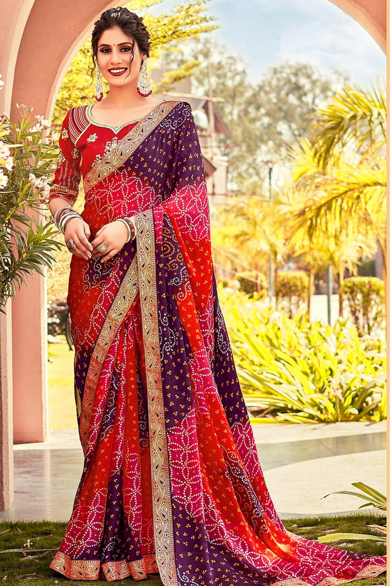 Chiffon top bandhej saree