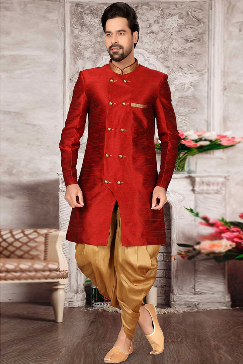 Traditional Red Dupion Silk Plain Men s Sherwani for Eid
