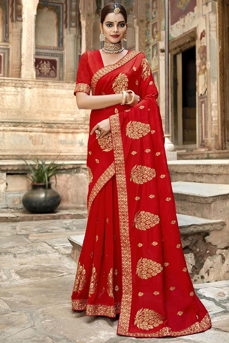 Traditional Red Silk Embroidered Saree