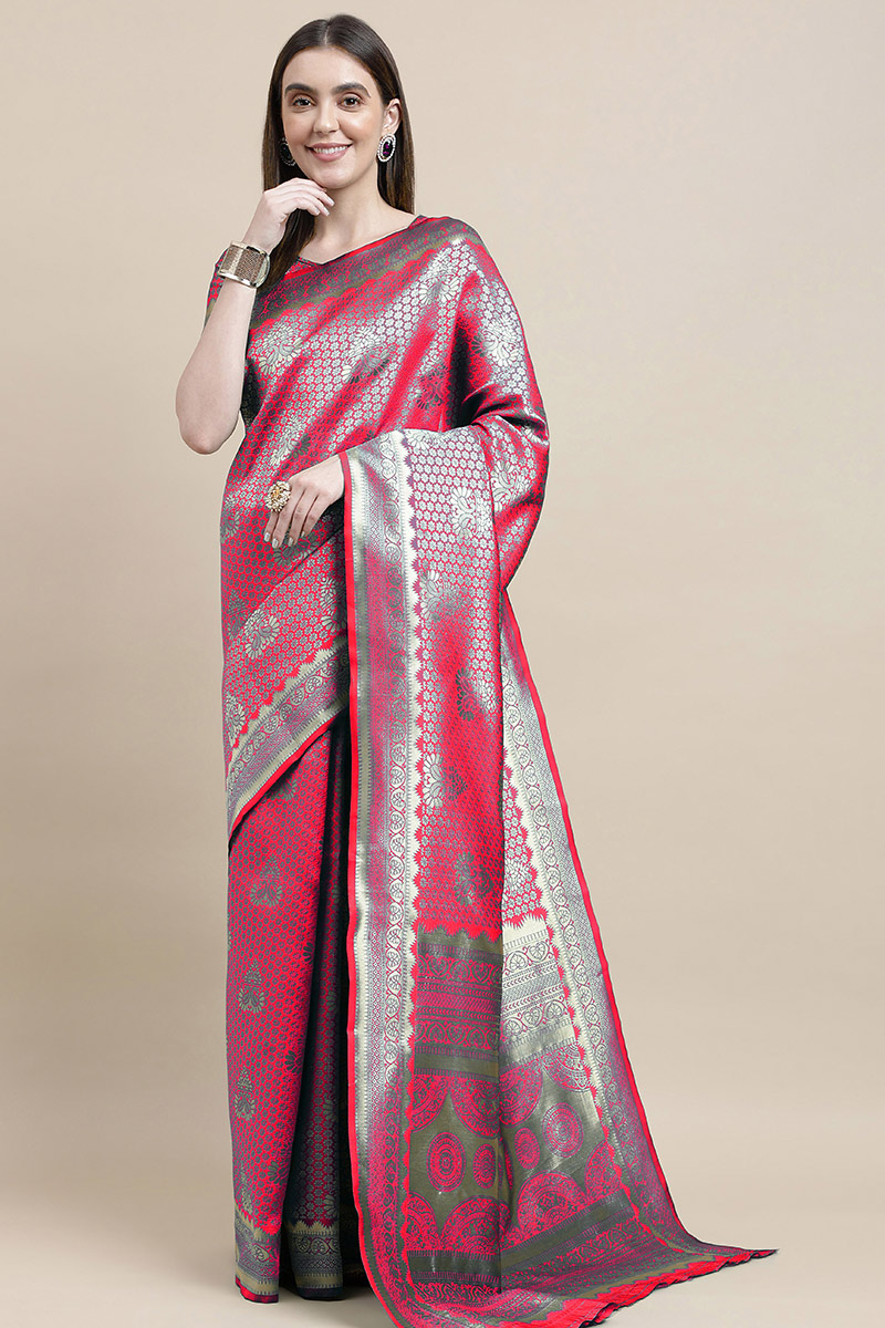 Traditional Ruby Red Weaved Zari Silk Broad Border Saree embroidery