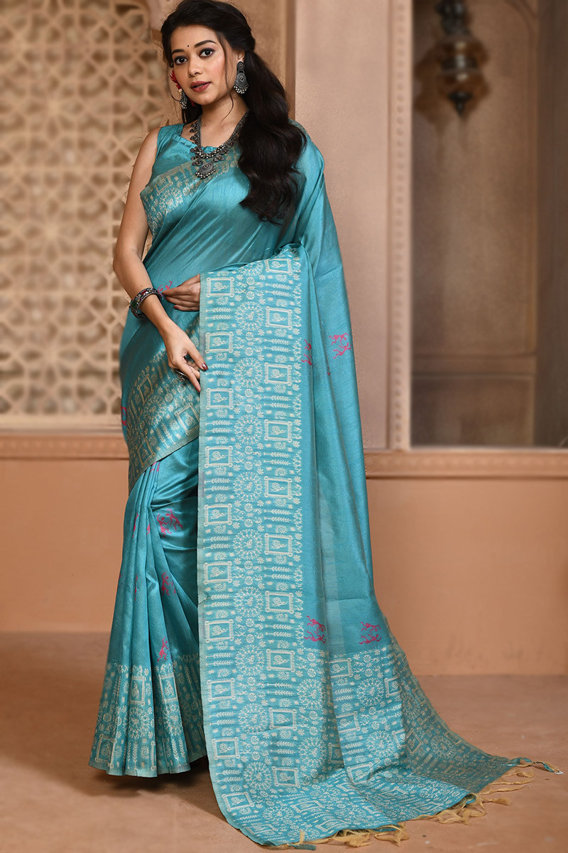 Buy Latest Fashion Traditional Wear in Sky Blue Art Silk Woven